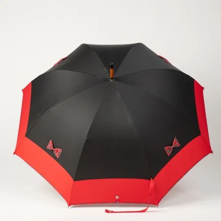 Parapluie canne Noir et Rouge aux Nœuds Ecossais, ouvert de face