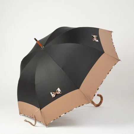 Parapluie canne noir et camel aux Nœuds Ecossais Beige, ouvert