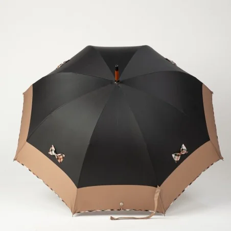 Parapluie canne noir et camel aux Nœuds Ecossais Beige, ouvert de face