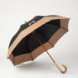 Black and camel walking umbrella with beige Scottish knots, opens from the side