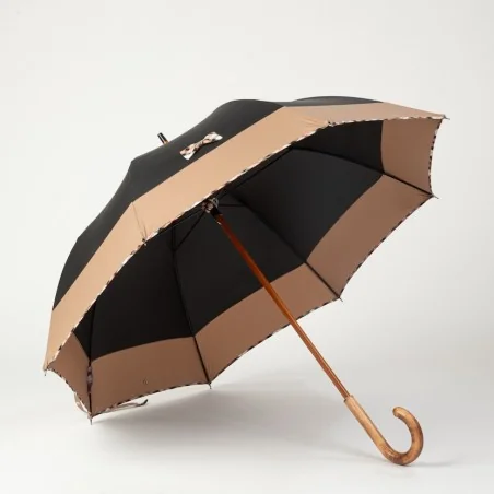 Parapluie canne noir et camel aux Nœuds Ecossais Beige, ouvert de coté