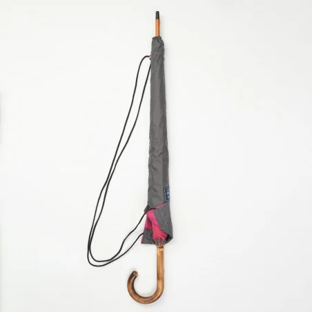 Parapluie canne Gris au carré Rose, dans sa housse