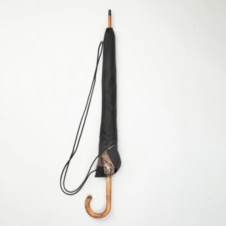 Black and camel walking umbrella with beige Scottish knots, in its cover