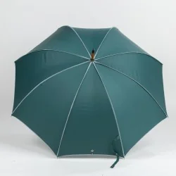 Green walking umbrella with grey trim, open