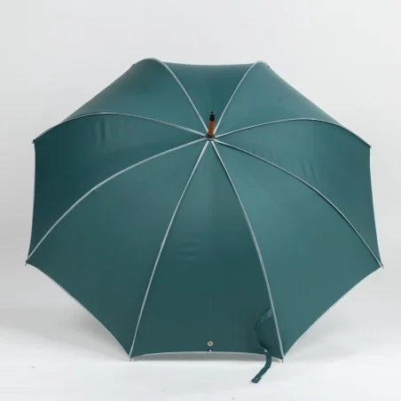 Green walking umbrella with grey trim, open