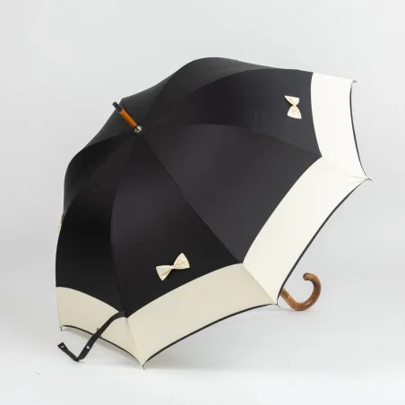 Parapluie Canne Noir aux nœuds Ivoire, ouvert de coté